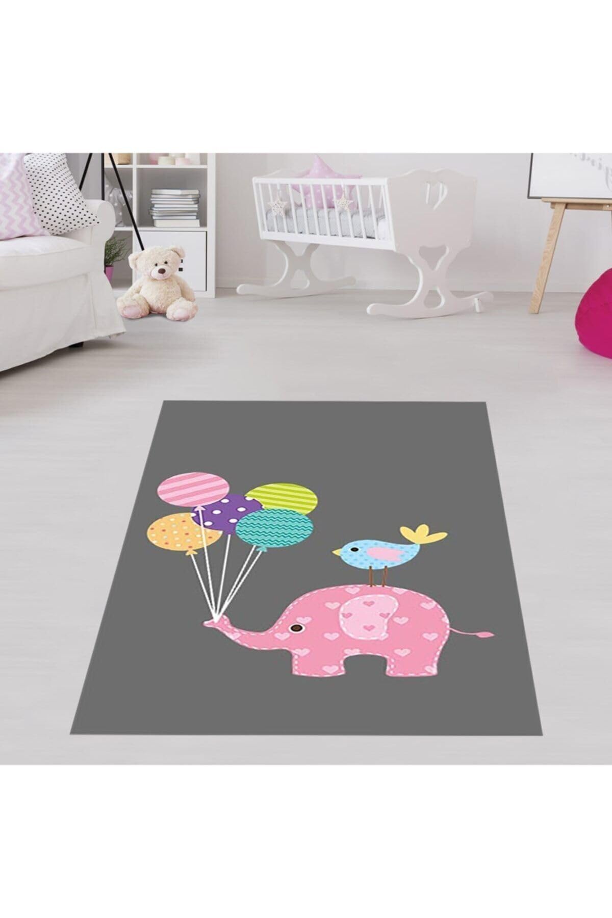 Pelangi Filli Balonlu Kuşlu Dijital Baskı Yıkanabilir Kaymaz Taban Leke Tutmaz Fil Desenli Bebek Odası Halıs, Pembe-Gri 40 x 40