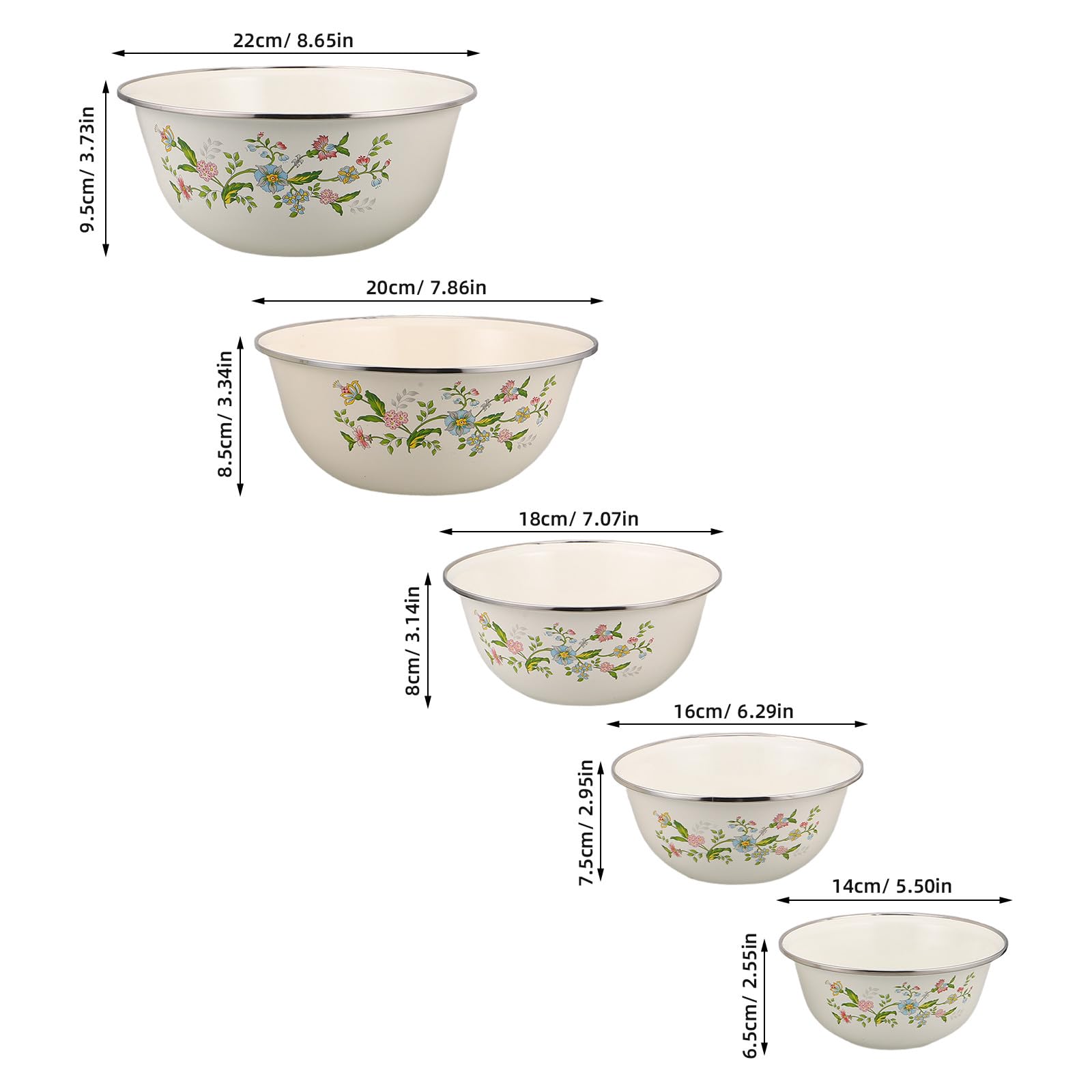 COLLBATH 5-częściowy zestaw emaliowanych misek kuchennych w stylu vintage: 14/16/18/20/22 cm, zestaw do przechowywania owoców - miski sałatkowe, emaliowane, do domu i kuchni, 5 rozmiarów