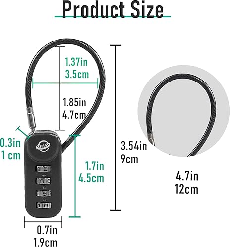 Miniatura 2 de Candado de combinación de 4 dígitos con cable de 4.7 pulgadas (4.7 in) adecuado para casilleros de gimnasio escolar, botes de basura, equipaje,