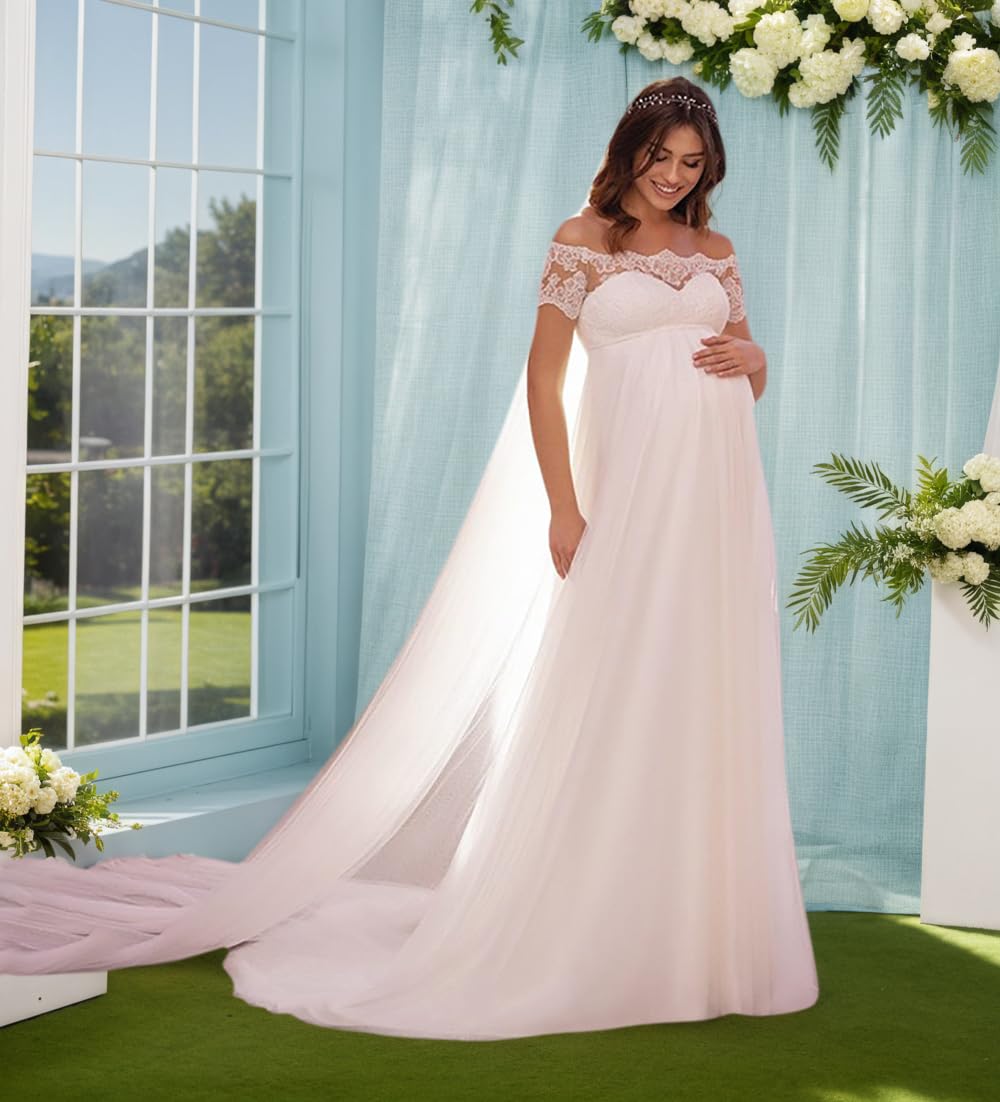 A-Linie Umstandsbrautkleid Chiffon Lang Brautkleider Hochzeitskleider mit Spitze Babyparty Fotoshooting Kleid