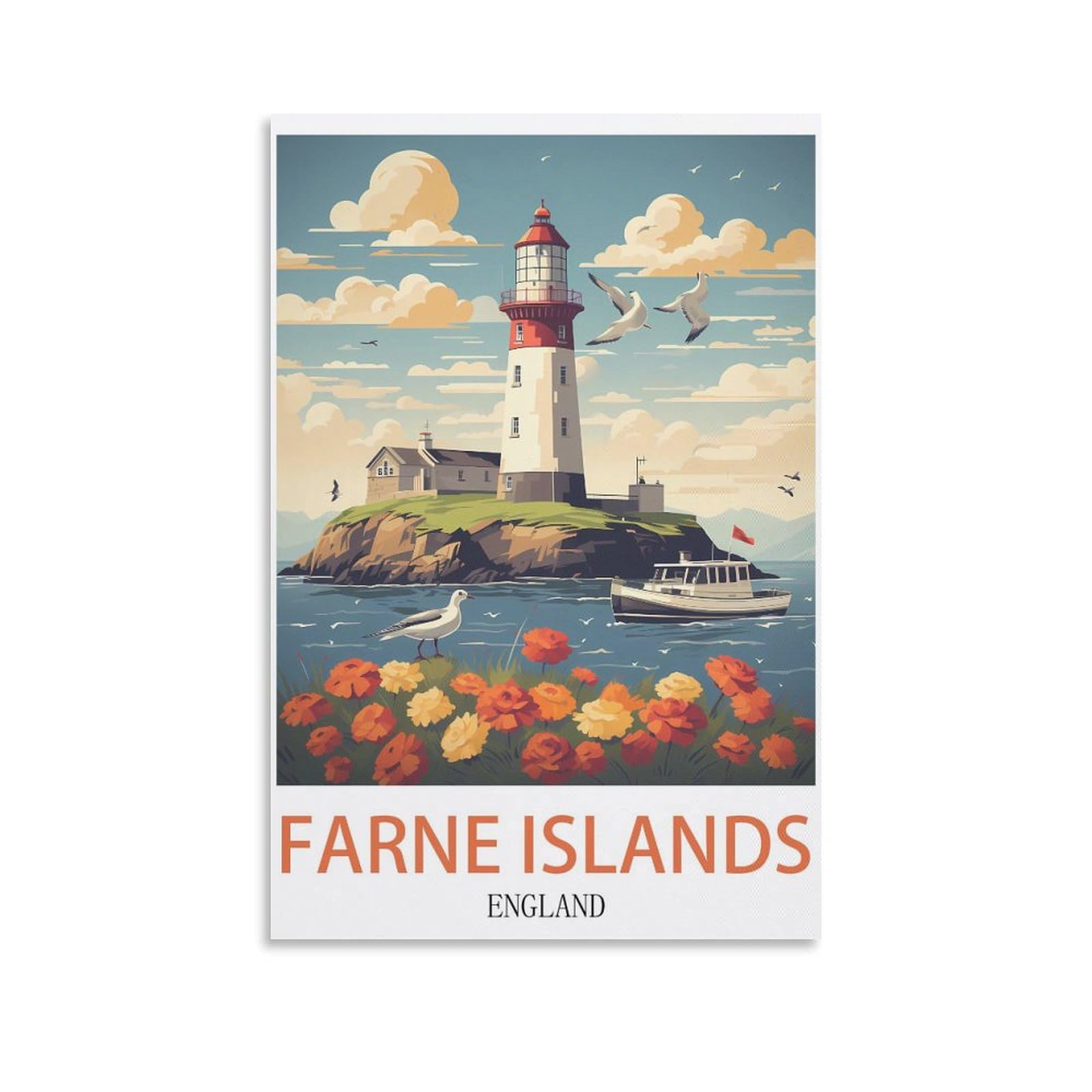 Losnabo Unframe-Style Farne Islands England Vintage Travel Posters 24X36inch(60X90cm) Canvas Wall Poster And Art Picture Print Modern Home Bedroom Decor