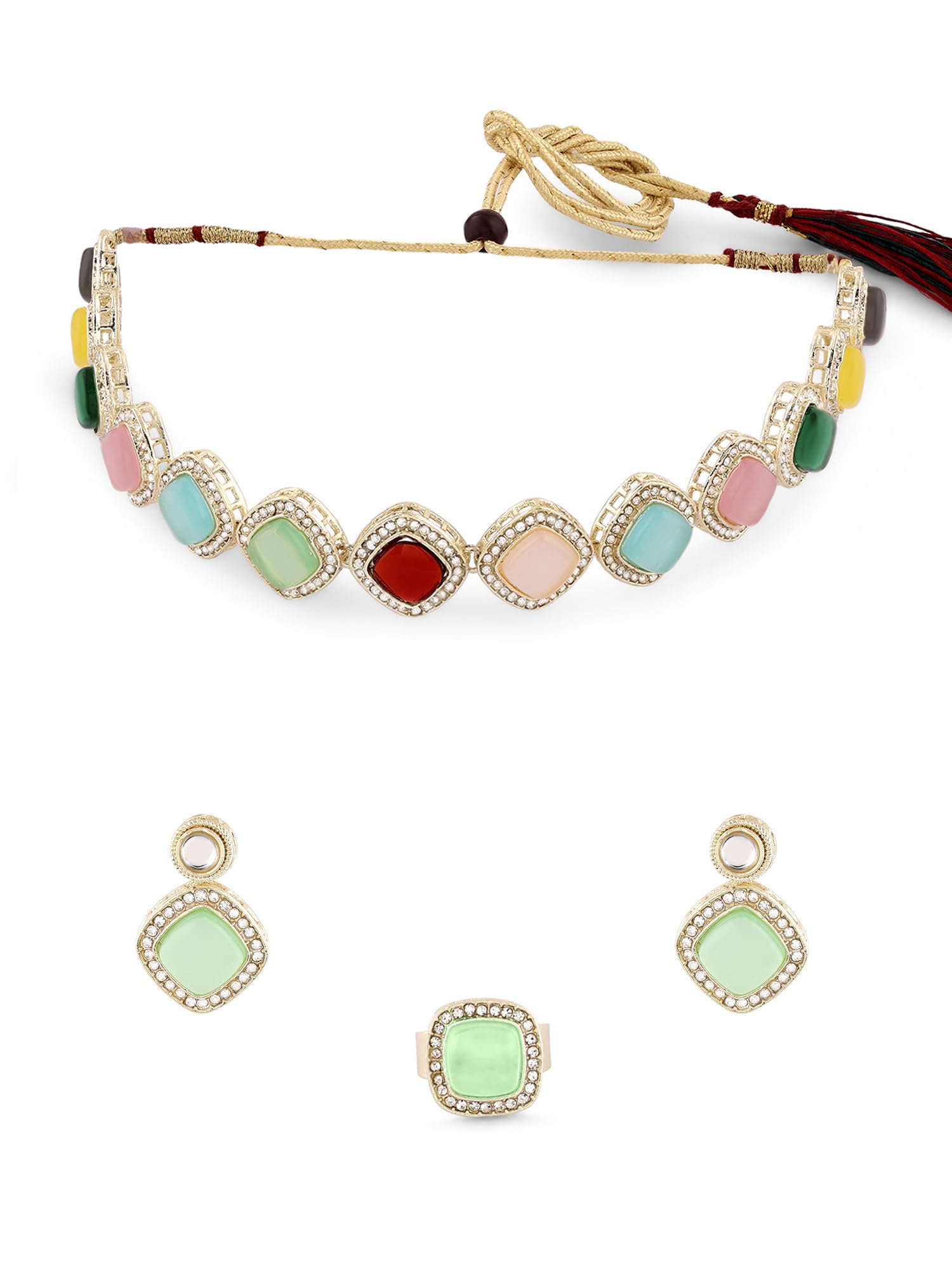 ZAVERI PEARLS Multi For Women-Colour Stones & Austrian Diamonds Choker Necklace Earring & Ring Set For Women-ZPFK16571 (B0CKL96DSS) Amazon Price History, Amazon Price Tracker