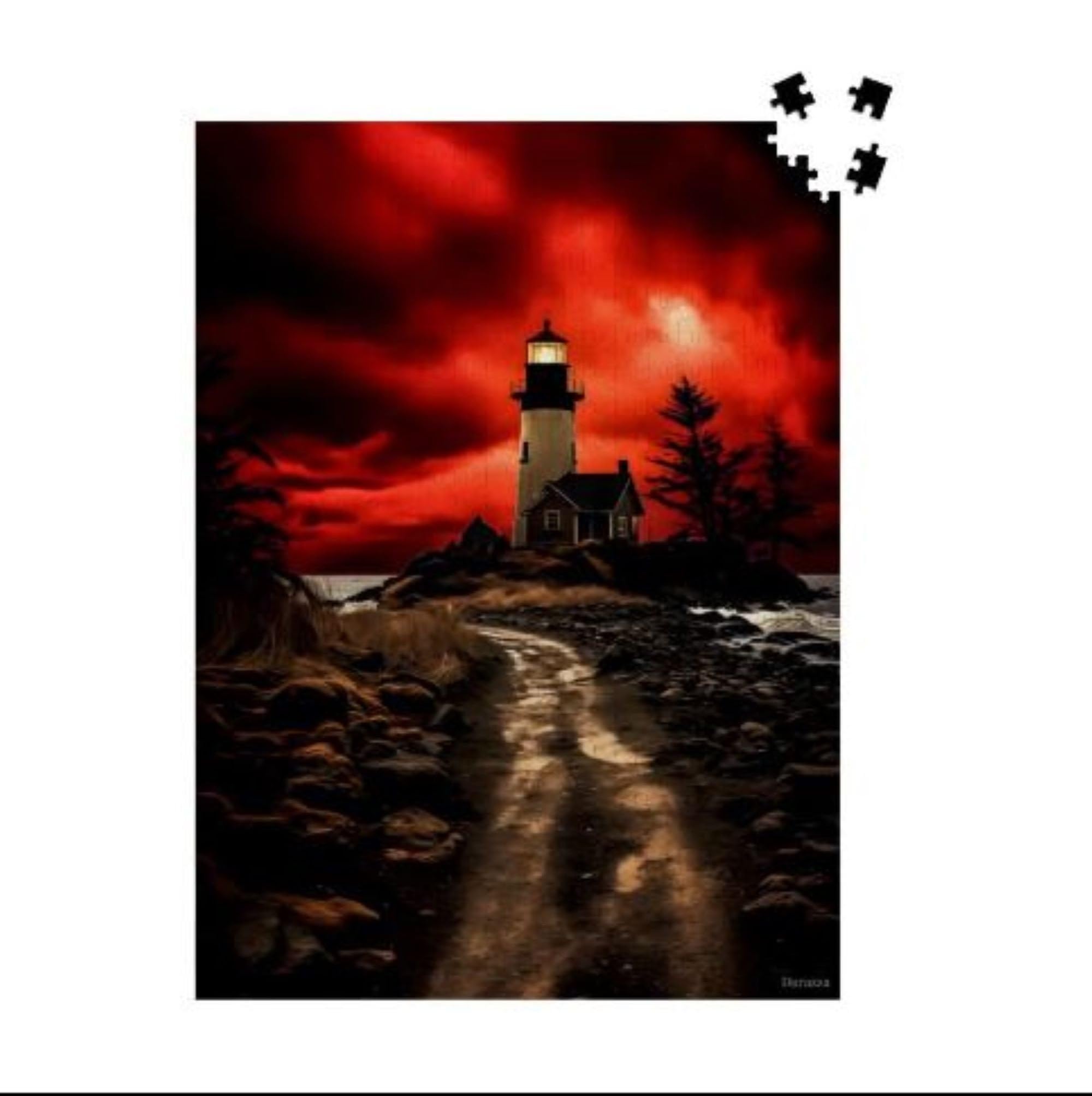 Lighthouse Wooden Jigsaw Puzzle: 1000 Pieces Puzzle For Adults Nautical Themed Moody Coastal Art, Family Fun Night- Red Sky Lighthouse — image 1