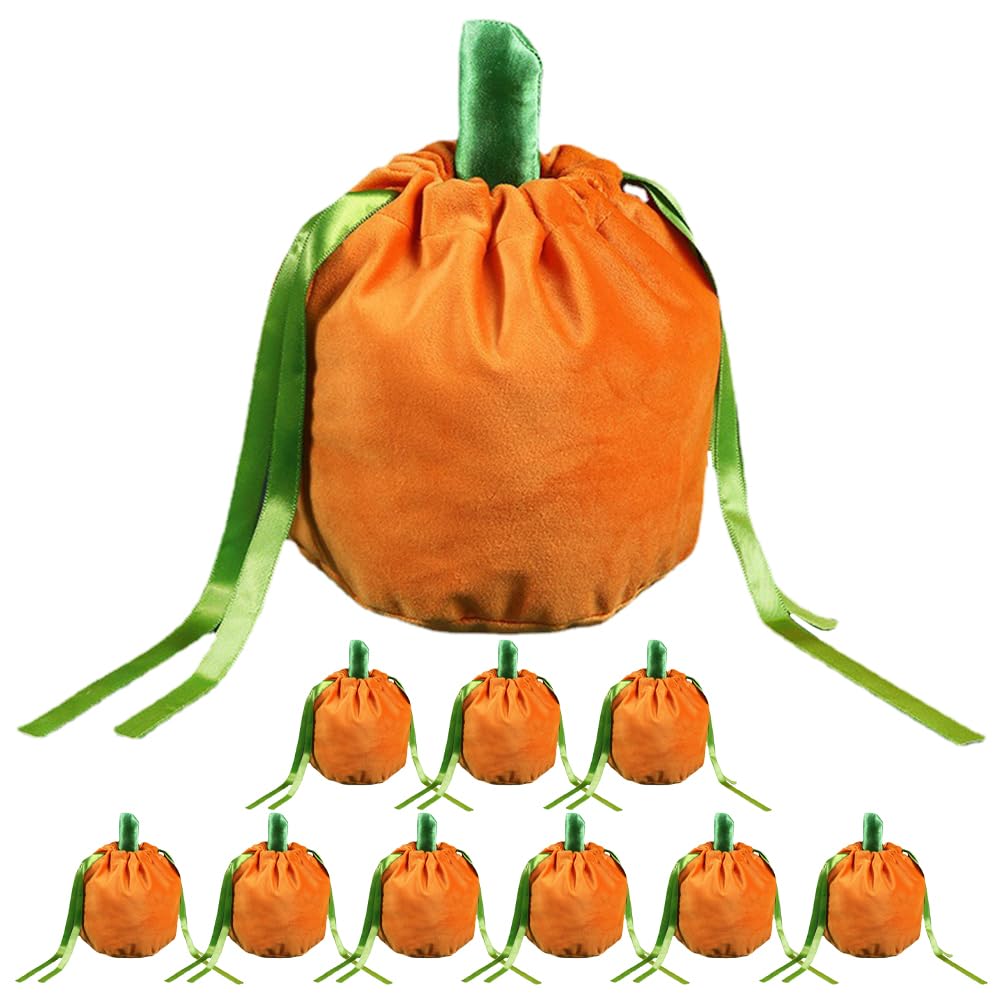 TENDYCOCO 10PCS Pumpkin Candy Bags Halloween Candy Bags Halloween Drawstring Goody Bags Velvet Trick or Treat Bags