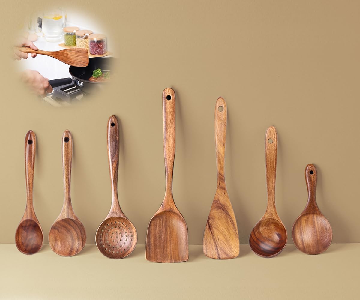 7 Peças de Colher de Pau, Utensilios para Cozinha, Colher de Madeira, Bambu, Utensilios