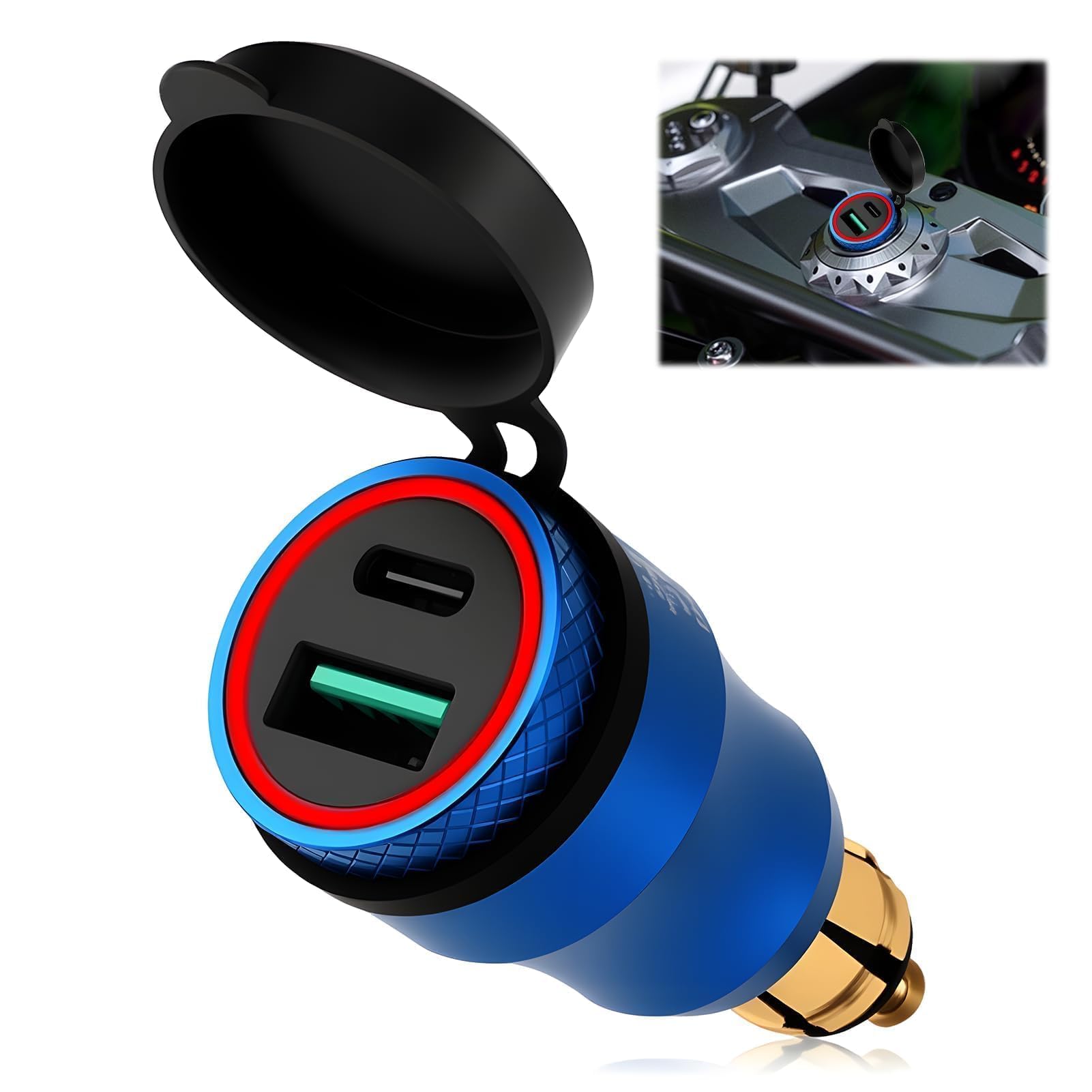 30W Cargador Enchufe DIN para Motocicleta Aluminium Admite Carga Rápida Type C+USB Integra un Indicador LED de Energía a Prueba de Agua para 12V-24V BMW Ducati Triumph