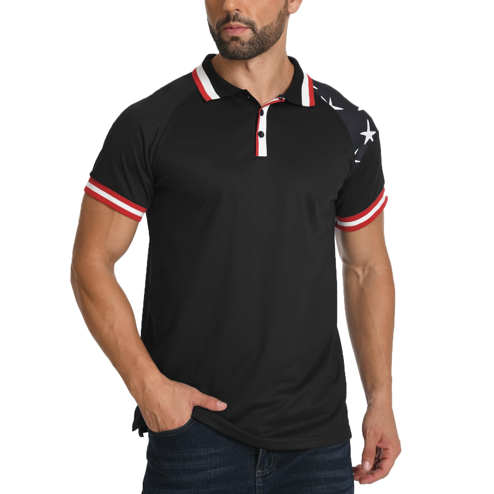 H HYFOL Short Sleeve Polo Shirts for Men Star Patchwork Graphic Stretch Casual American Patriotic Raglan Golf Polos for Men(Black,M