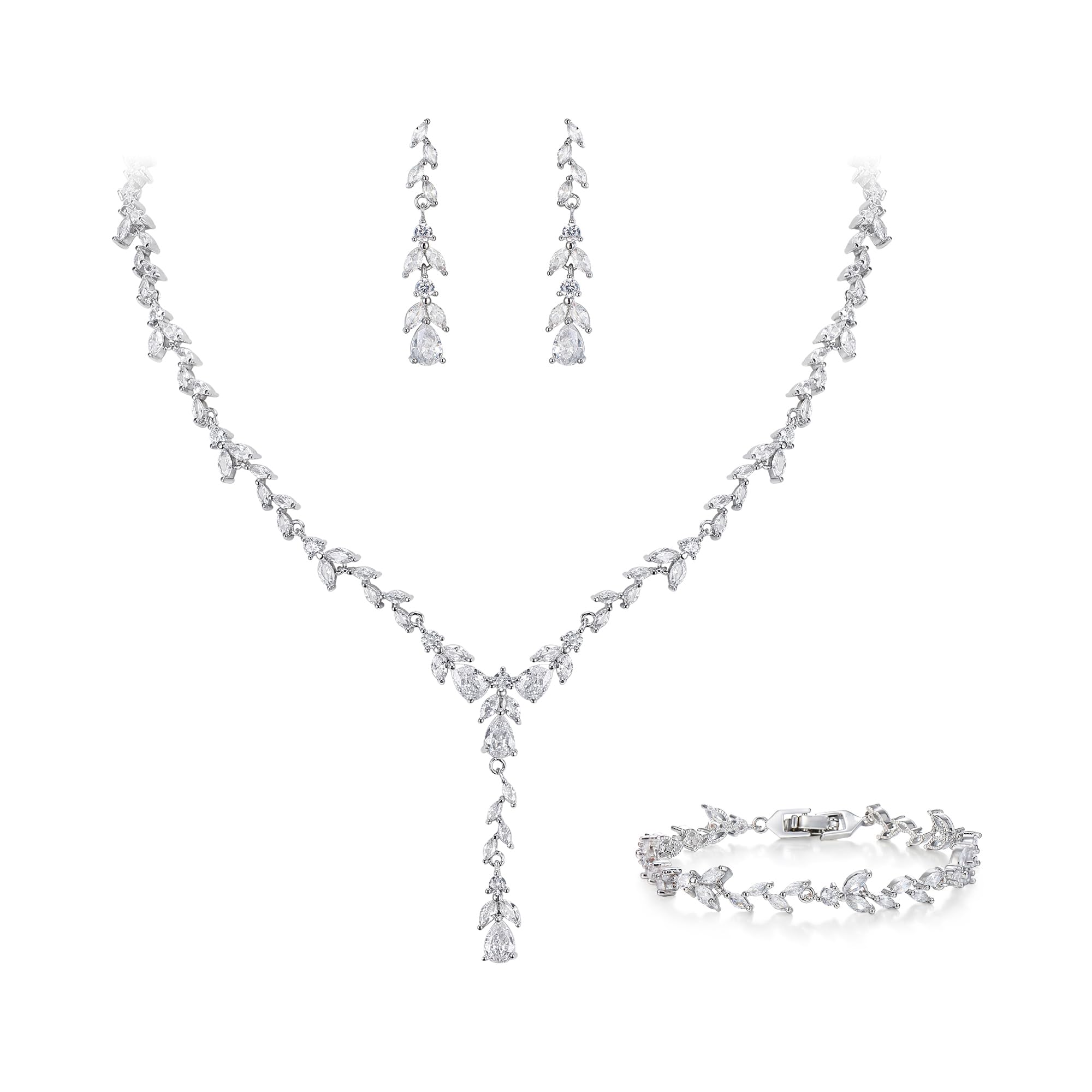 EVER FAITH Schmuck Set für Damen Party Braut, Elegante Blatt Marquise Zirkonia Y-Shape Halskette und Ohrringe Armband für Hochzeit Bankett Party