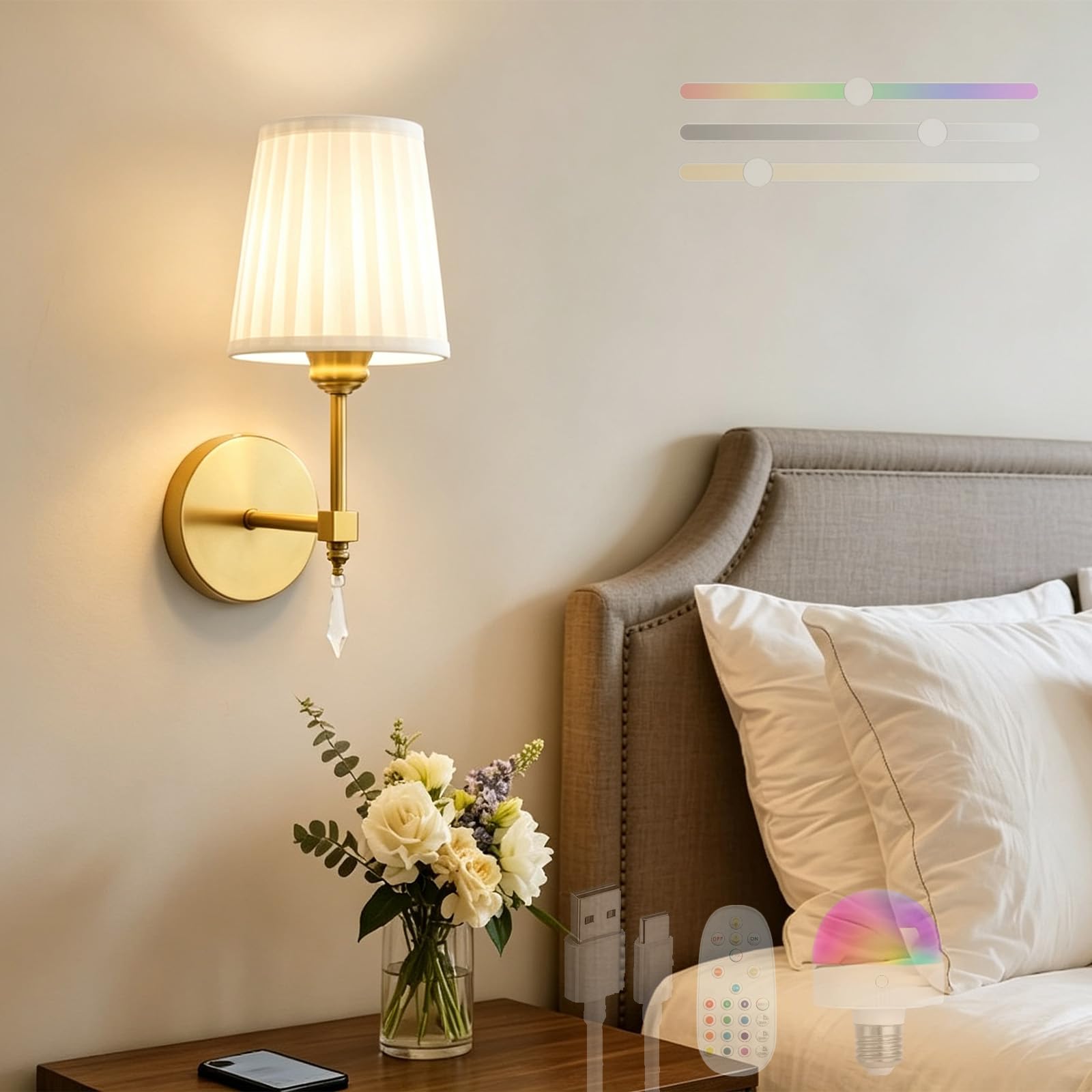 Lampada da Parete Interno Ricaricabile LED RGB Dimmerabile Applique da Parete con Telecomando Senza Fili Iluminazioni per Pareti Paralume in Tessuto Soggiorno Camera da Letto Corridoio (Oro,1 Pezzi)