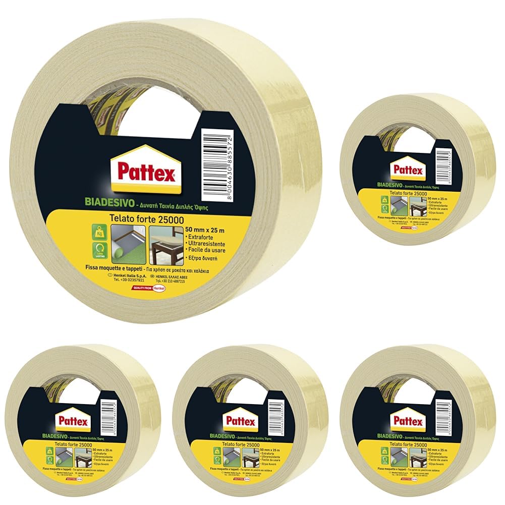 Pattex 25000 Biadesivo Telato, Forte, Universale, Per Numerosi Utilizzi Domestici e Fai da Te, 50mmx25m (Confezione da 5)