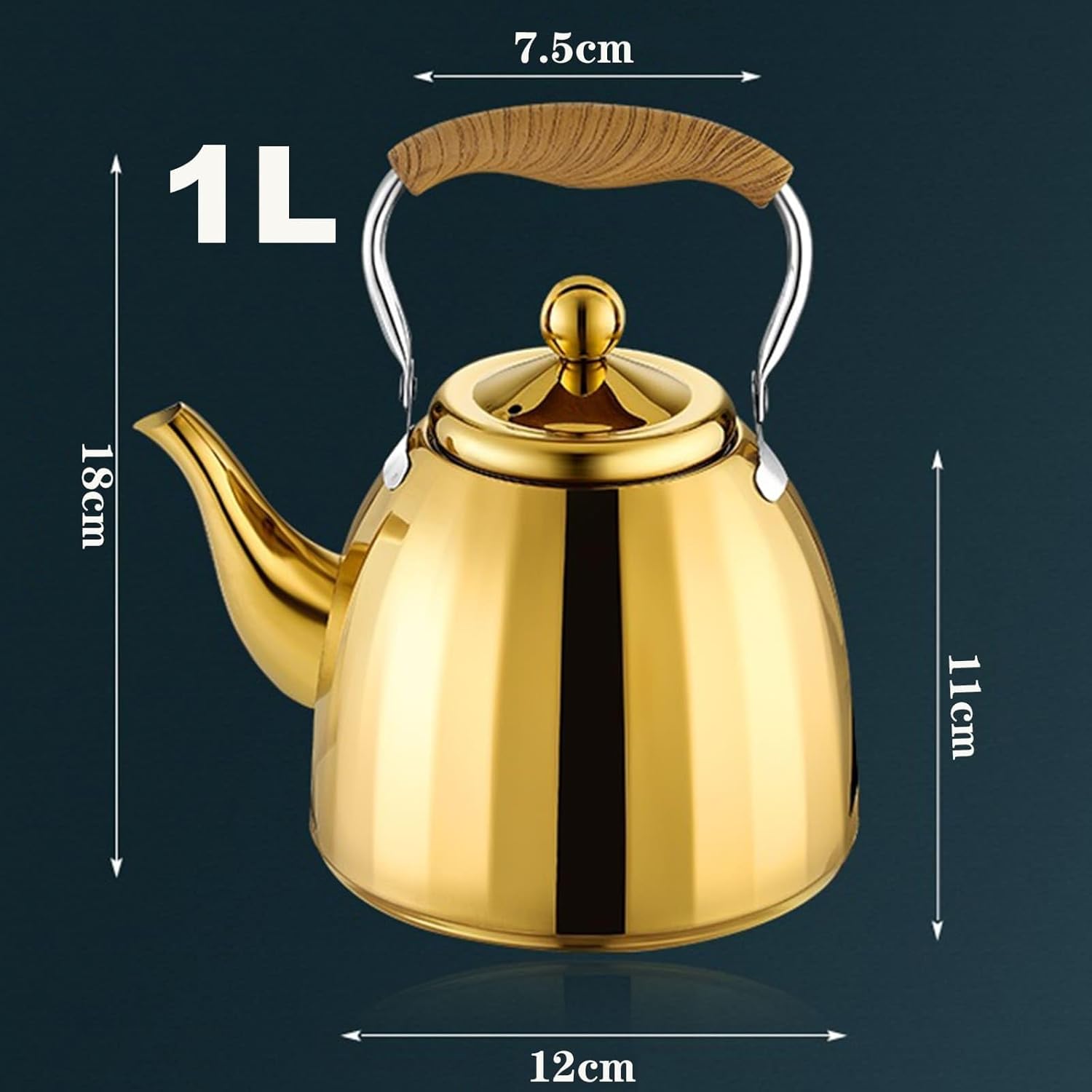 Gold Tea Kettle Stovetop with Infuser, 1.1-Quart Small Cute Tea Pot, 304 Stainless Steel Teapot with Ergonomic Wood Pattern Folding Handle for All Stovetops(1L)