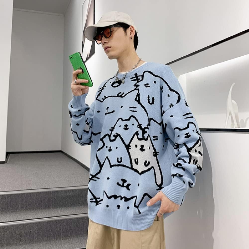 Men's Oversized Cat Sweaters Crewneck Long Sleeve Cotton Cute Pullover Sweaters (L, Blue)
