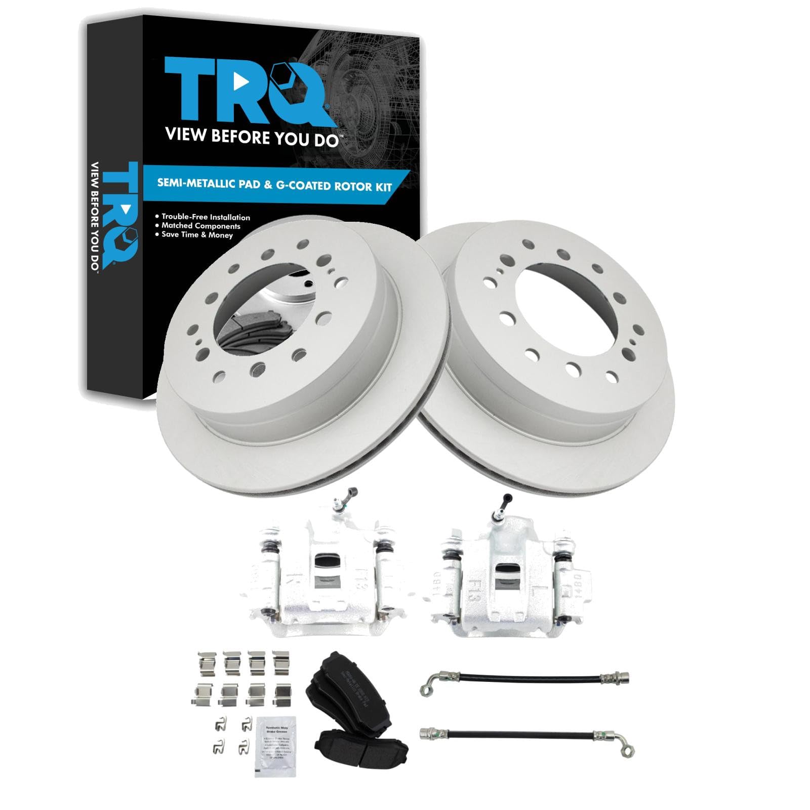 TRQ Rear Brake Pad and Rotor Set Semi Metallic Coated Rotors Calipers Compatible with 2003-2009 Toyota 4Runner 2007-2009 FJ Cruiser