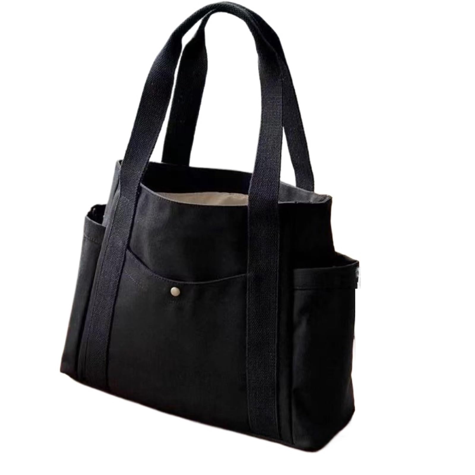 Yxinaer Women's Black Canvas Tote Bag Large Capacity Canvas Tote Bags For Work Commuting Carrying Bag Student Outfit Book Shoulder Bag Shopping Bag(Black)
