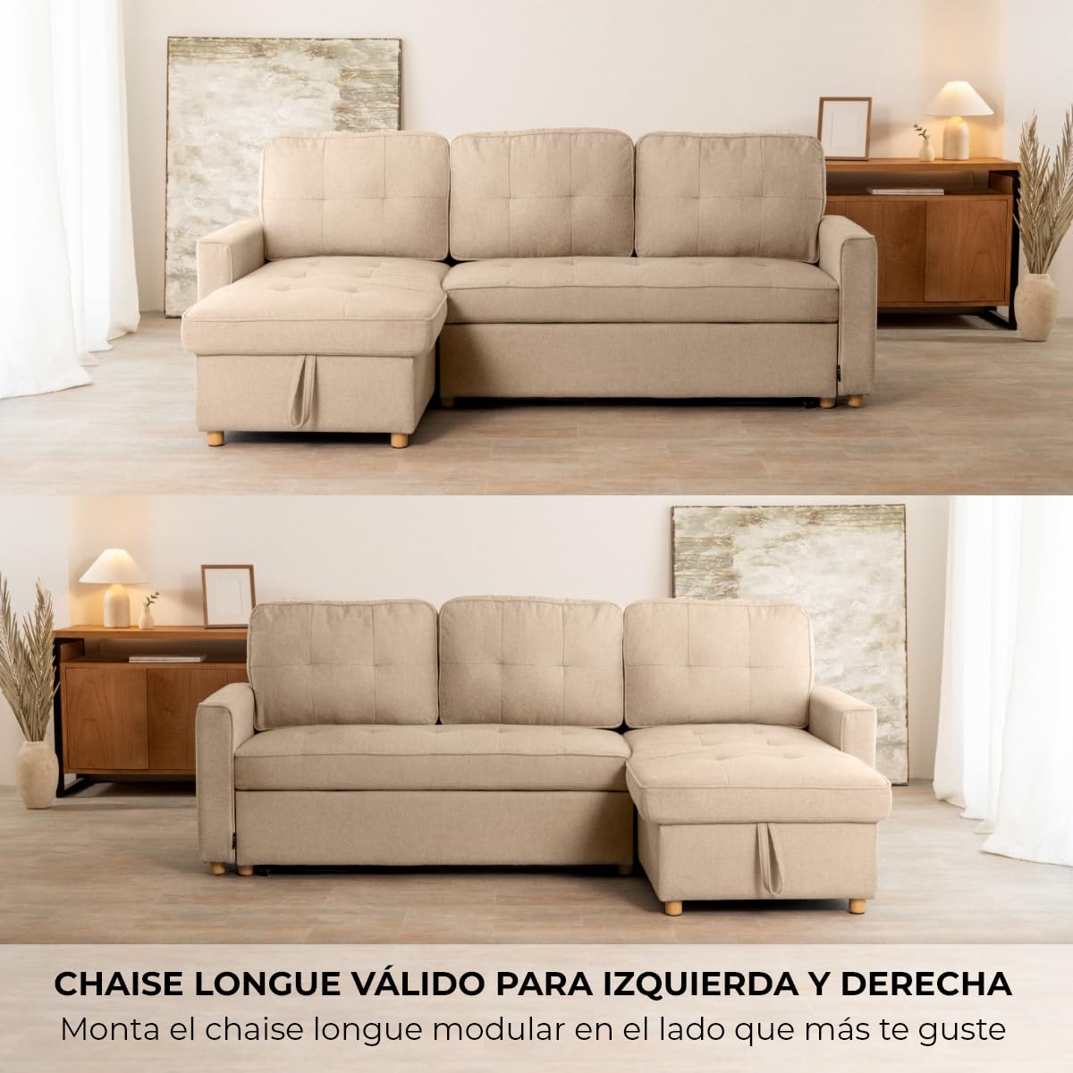 Nalui - Sofa Cama Chaise Longue Haven 213x129x81cm Reversible con Arcón de 127,6L. Sofa de Salon 3 Plazas Convertible en Cama de 122 x 190 cm. Incluye Bolsillos y Tejido 360º, Beige