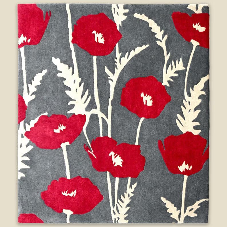 Hand Tufted New Zealand Wool Area Rug, Multicolor Poppy Bloom Floral Design, Handmade Medium Pile Carpet for Living Room & Bedroom, Rectangular, Premium Interior Decor