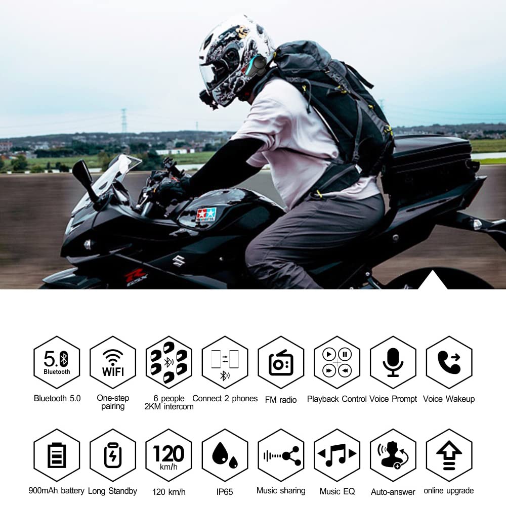 QSPORTPEAK Auriculares intercomunicadores de Grupo Bluetooth para Casco de Motocicleta,Alcance de 2000m/uso compartido de música/selección de Tono de Varios países(2 Pieza)