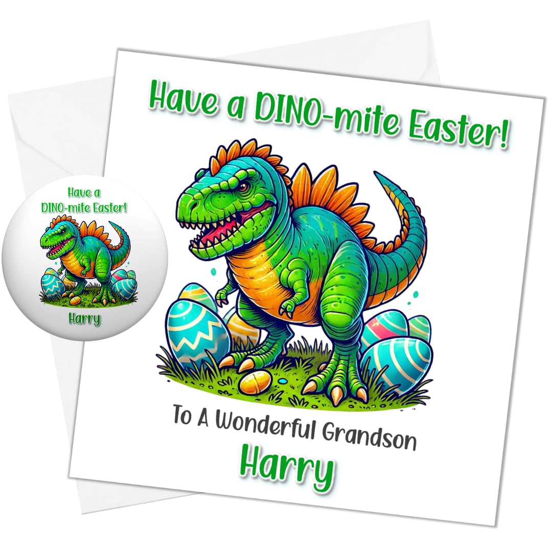 Personalised Dinosaur Easter Card For Son Grandson Godson Nephew Cousin Friend Brother Green Boys Card With Matching Badge Gift
