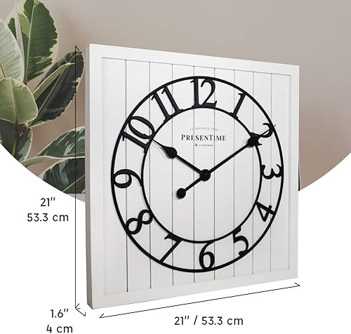 Miniatura 7 de Presentime & Co - Reloj cuadrado de madera con puerta de granero Shiplap de 21 pulgadas, color blanco, número arábigo. Decoración del