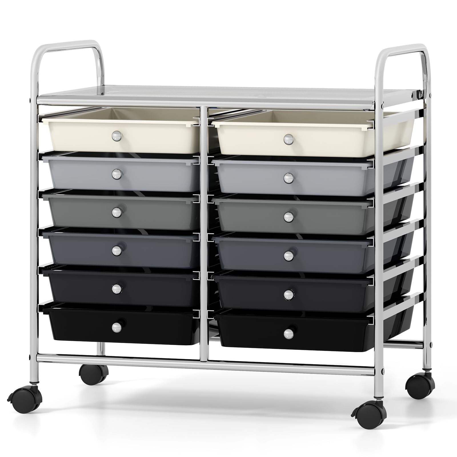 GIANTEX Carrello con 12 cassetti impilabili, carrello per cassetti con ruote e piano di lavoro, carrello per soggiorno, cucina, camera da letto e uffici, 64 x 38 x 62 cm (nero e grigio)
