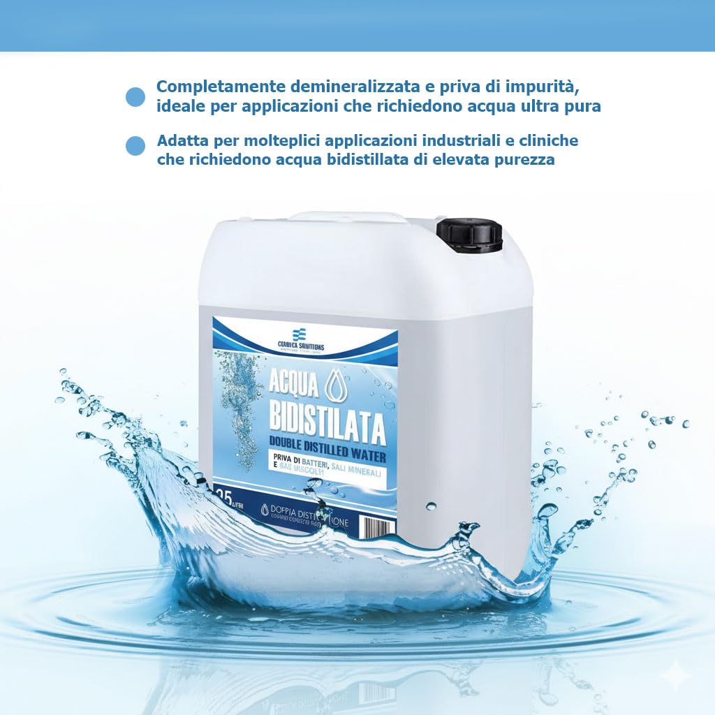 CHEMICA SOLUTIONS Acqua Bidistillata Pura per Uso Industriale e clinico tanica da 25 Litri, Distillata Due Volte, Demineralizzata, per Ferri da Stiro, umidificatori, batterie e Altro Made in Italy