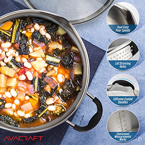 AVACRAFT Stainless Steel Stockpot with Glass Strainer Lid, 6 Quart Pot