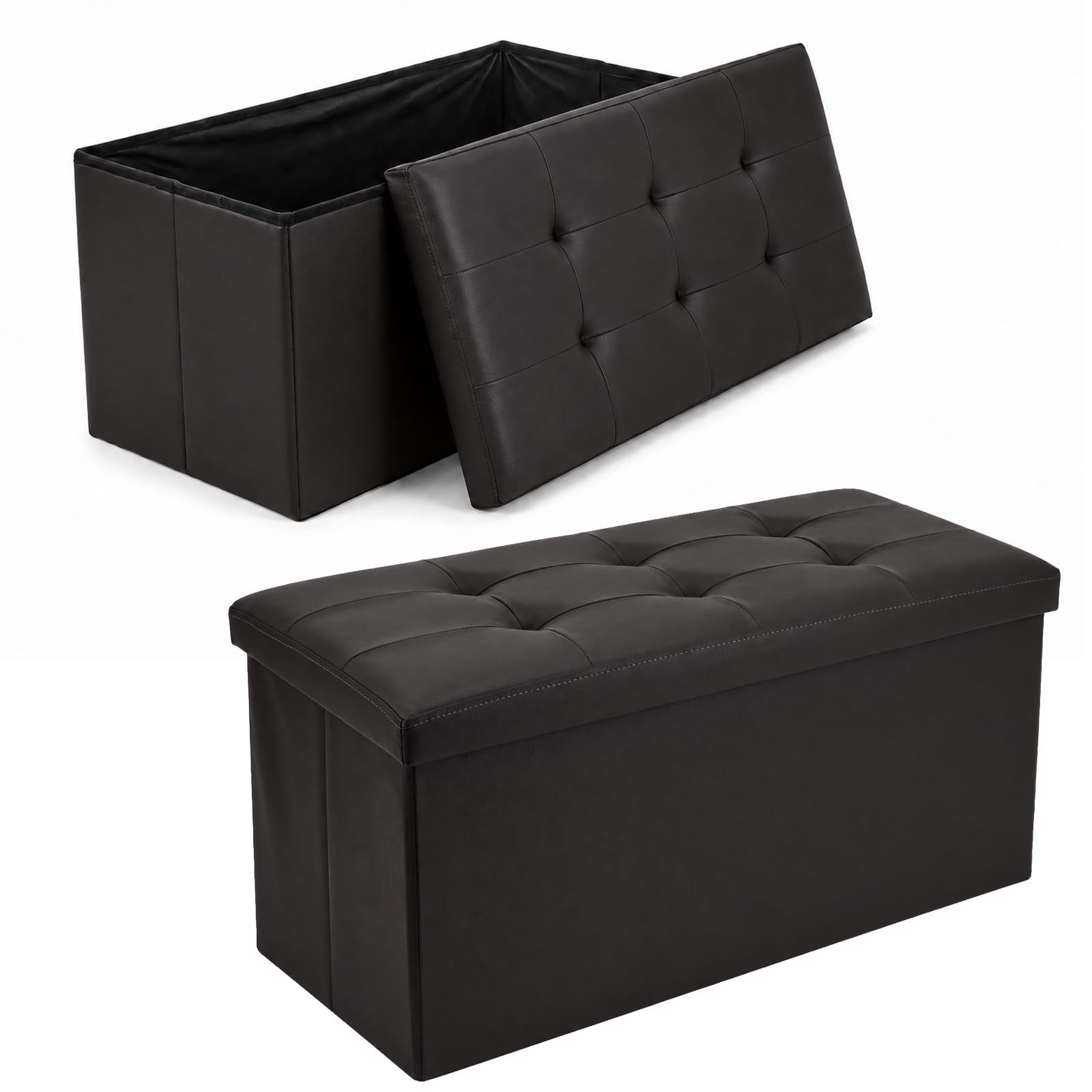 CROWNSHOP Ottoman Storage Bench Footrest Stool Seat Toy Chest Storage Box Folding with Lid Long Shoes Bench Footstool Suitable for Living Room Grey 76 * 38 * 38 CM (Faux leather Black)