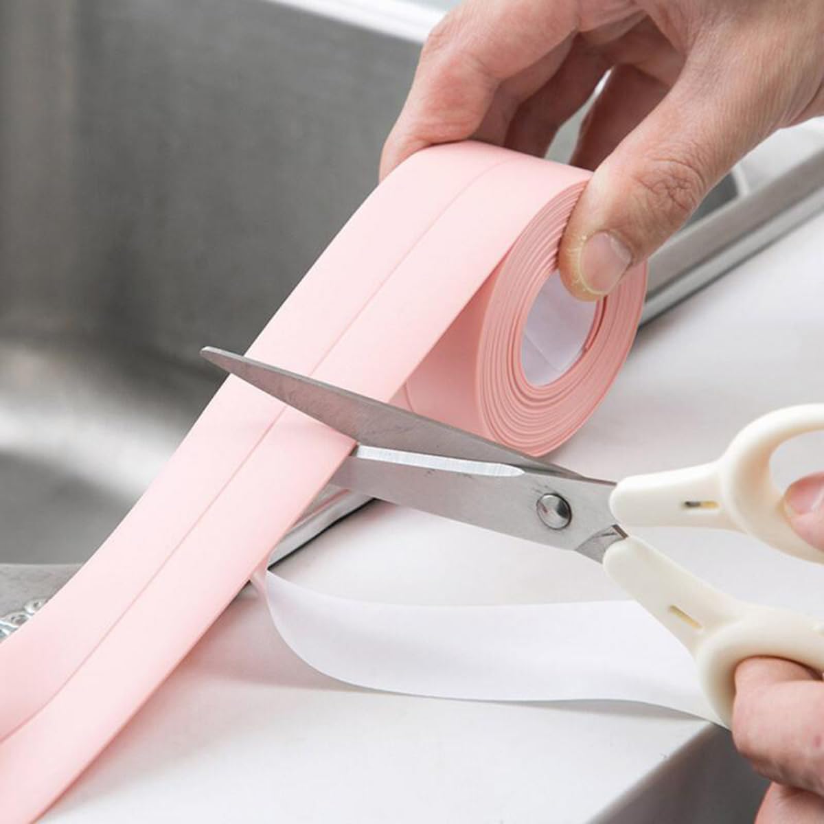 Queenbox 1.5x126in Caulk Tape Sealant Strip, PVC Self Adhesive Sealing Tape for Tub Floor Wall Edge Protector, Pink