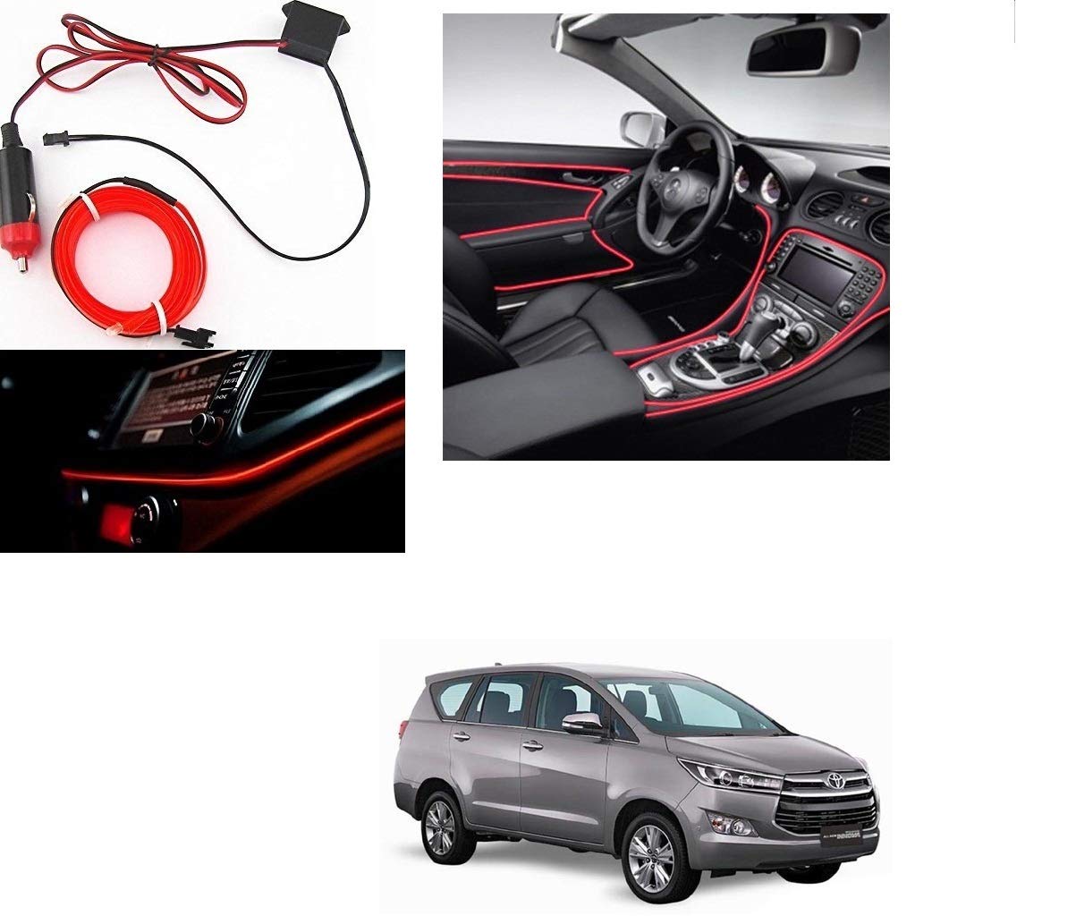 Kozdiko Red Color 12V 5Mtrs Roll Cold Light Car Socket Strip Neon Lamp Mood Creator Decor InteriorLighting for Toyota Innova Crysta