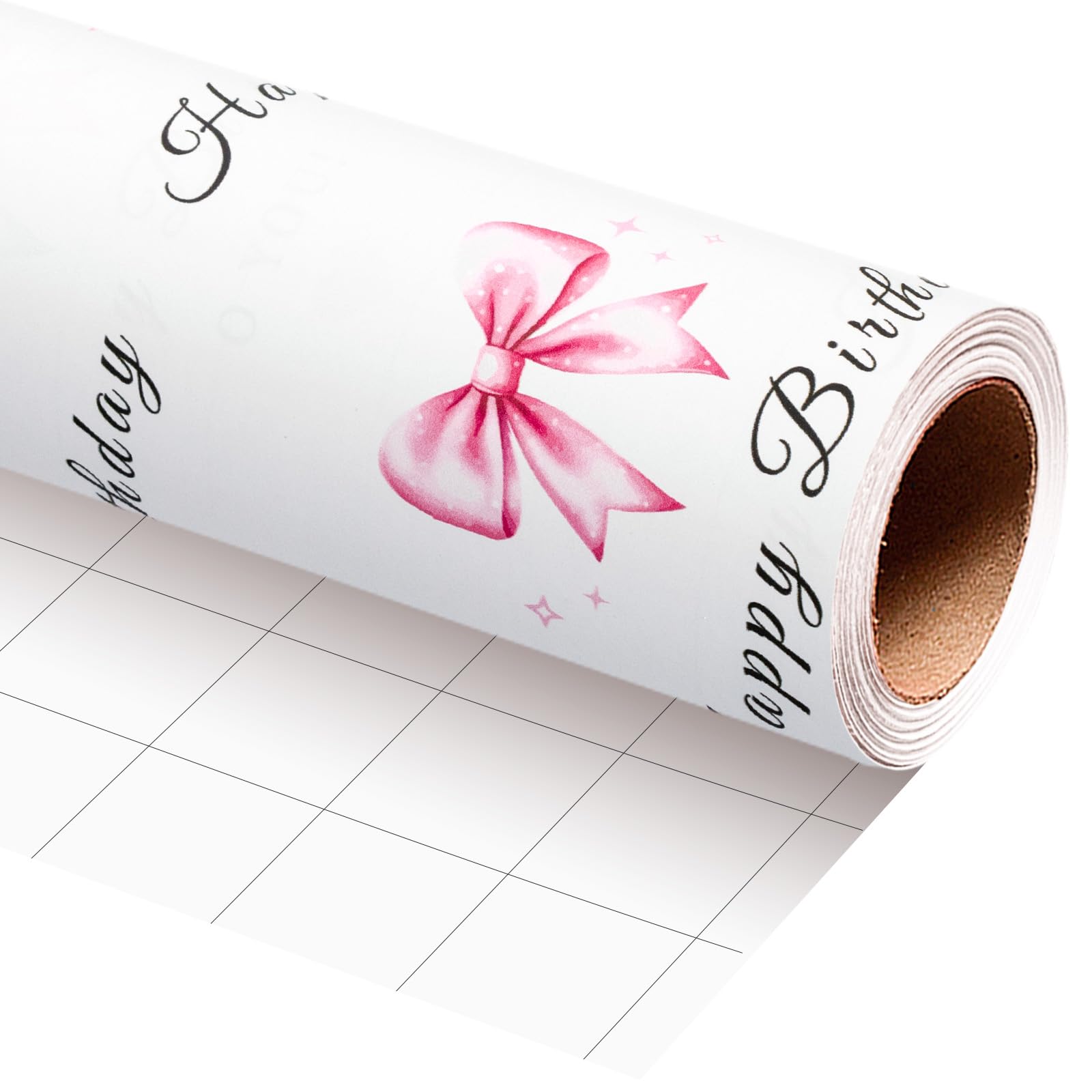 Wikadlik Pink Bow Birthday Wrapping Paper - 43cm x 5m Elegant Watercolor Ribbon Bow, Heart & Happy Birthday Text Gift Wrap for Women Girls Birthday