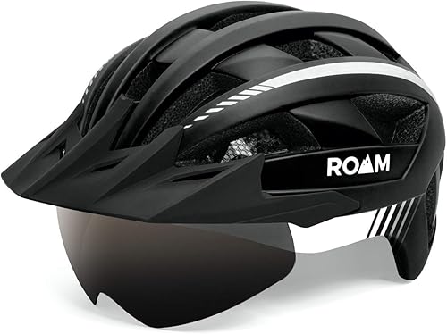 Roam Casco de bicicleta de carretera, cascos duraderos para adultos con visera solar, luz LED y gafas magnéticas desmontables, tamaño ajustable,