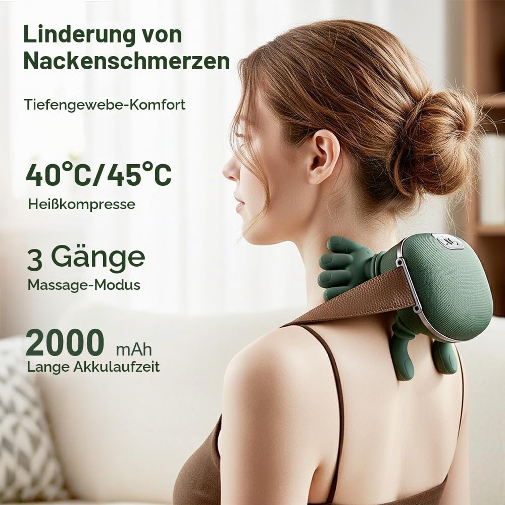 Massagegerät, 4D Nackenmassagegerät mit Wärme, Elektrische Rückenmassagegerät 3 Modi & 2 Heizstufen, Tragbares Schultermassagegerät Neck Massager für Zuhause Büro Reise