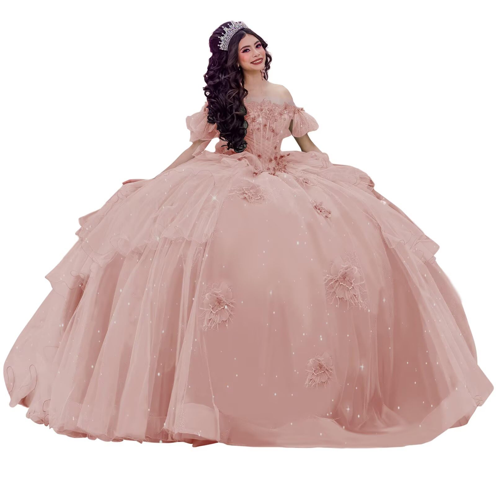 TRHTX Sparkly Tulle Quinceanera Dresses with Train Puffy Off Shoulder Layered Sweet 16 Dresses Bead 3D Flower Long Ball Gown