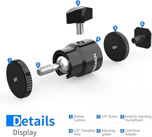 Miniatura 2 de NEEWER Mini cabezal de bola con zapata fría y tornillo de 1/4 de pulgada, paquete de 2, 360° giratorio de 90° con inclinación de 90°, adaptador de