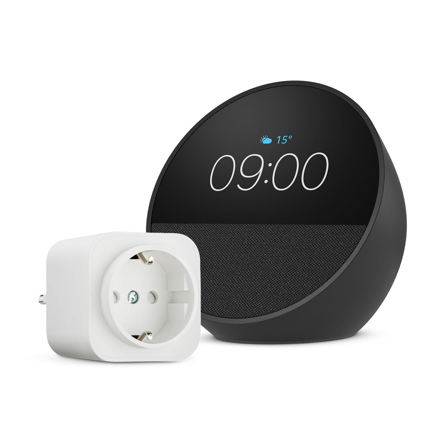 Amazon Echo Spot (última generación) | Negro + Amazon Basics Enchufe Inteligente, compatible con Alexa - Kit de inicio de Hogar digital