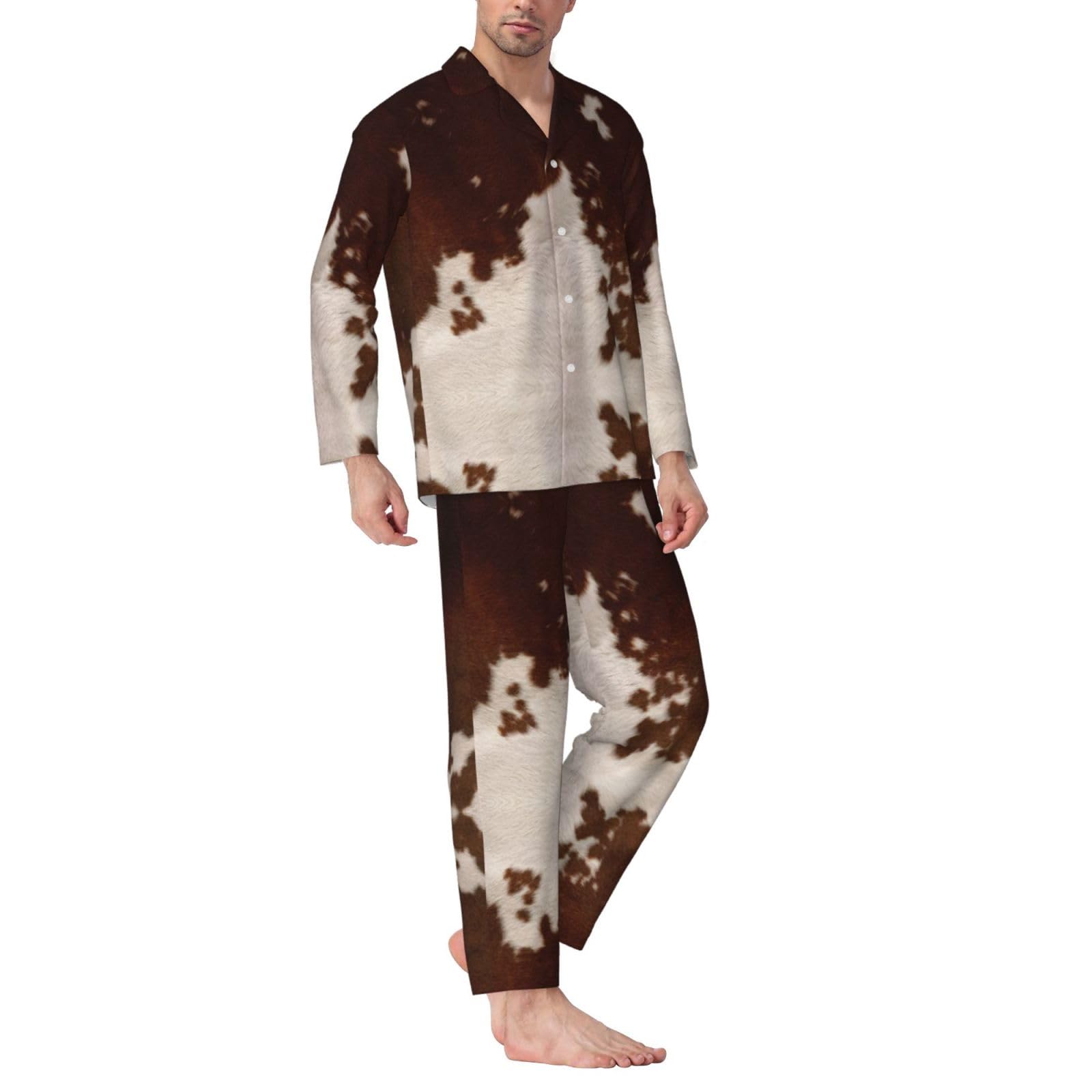 Conjunto de pijama para hombre con estampado de piel de vacuno, color rojo y marrón, pijama suave de manga larga con botones y bolsillos