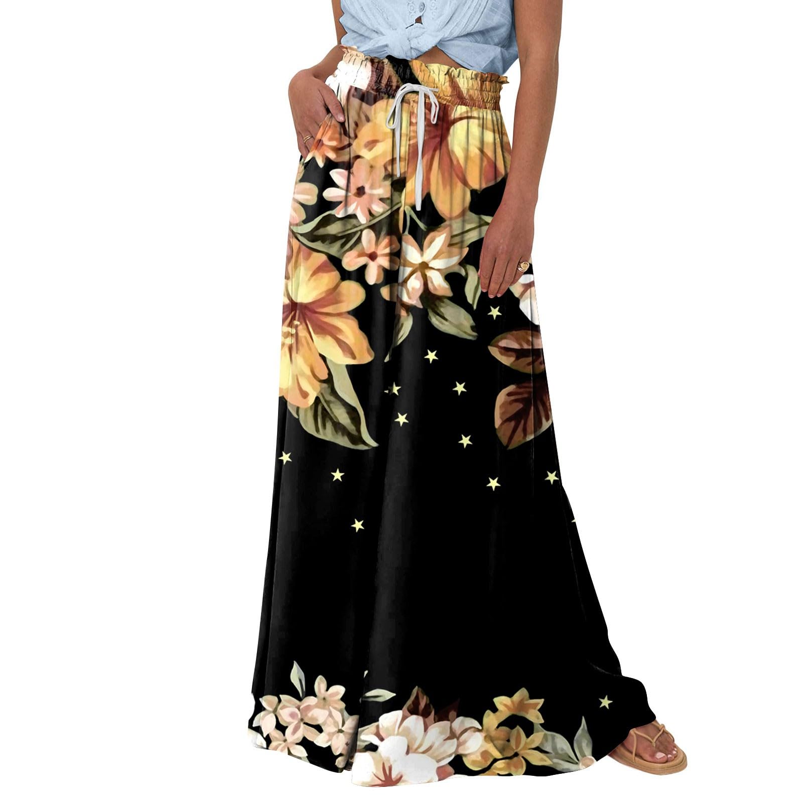 Womens Wide Leg Pants Womens Casual Trendy Loose Fit Elastic High Waist Wide Leg Trousers Flowy Long Pants