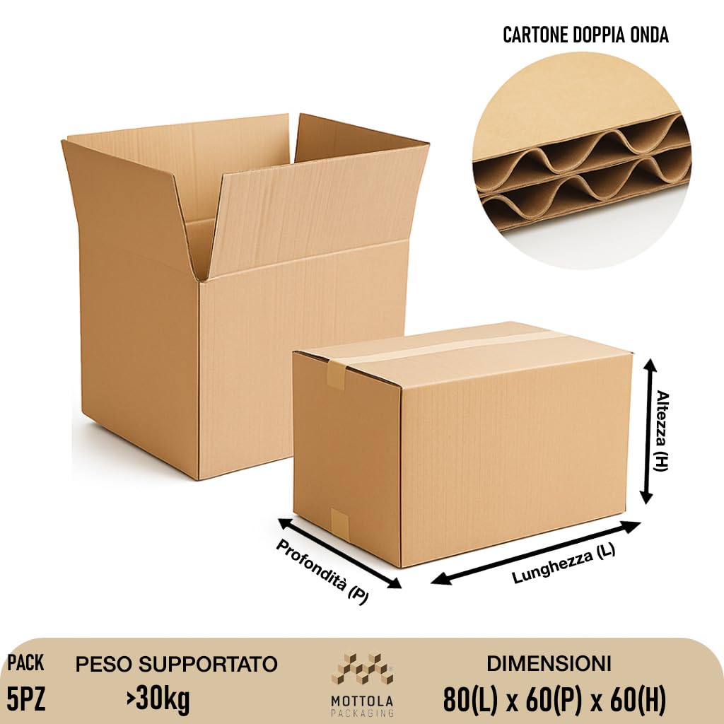5 Scatole per Trasloco Cartone Doppia Onda 80x60x60 cm (5 pz) - Scatole Cartone Trasloco Resistenti fino a 30kg - Imballaggi per Spedizioni, Stoccaggio, Archiviazione