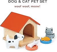 Vista 2 de Mentari Juguetes – Juego de mascotas para perros y gatos – 7 piezas de casa de muñecas de madera accesorios para mascotas con perrera, perro, gato