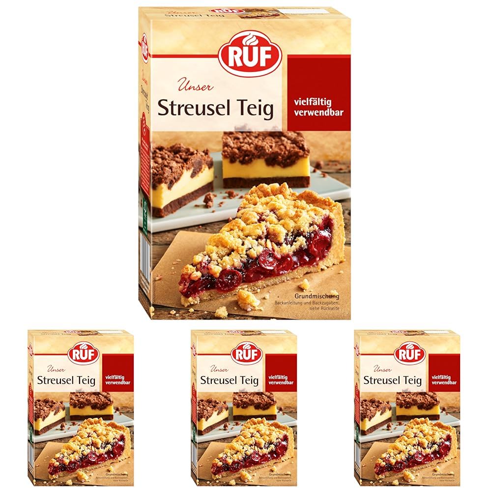 RUF Streusel Kuchen, Backmischung für Streuselteig, Mischung für Obst-Kuchen mit Pudding oder Apple Crumble, vegan (Packung mit 4)