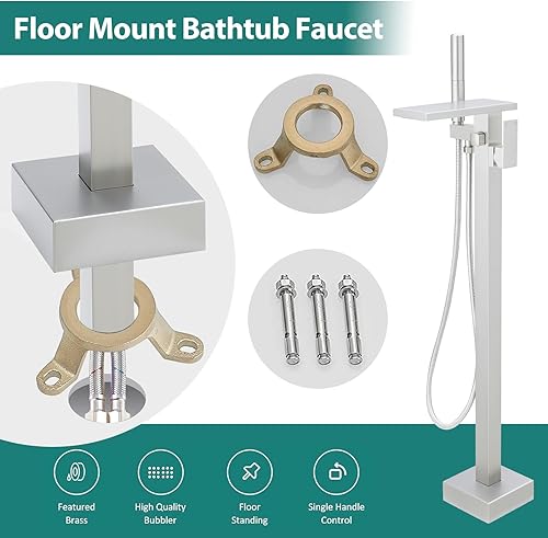 Miniatura 25 de Hoimpro Llenador de bañera independiente grifo de bañera negro mate montaje en el suelo grifo de bañera de pie cascada de latón de alto flujo