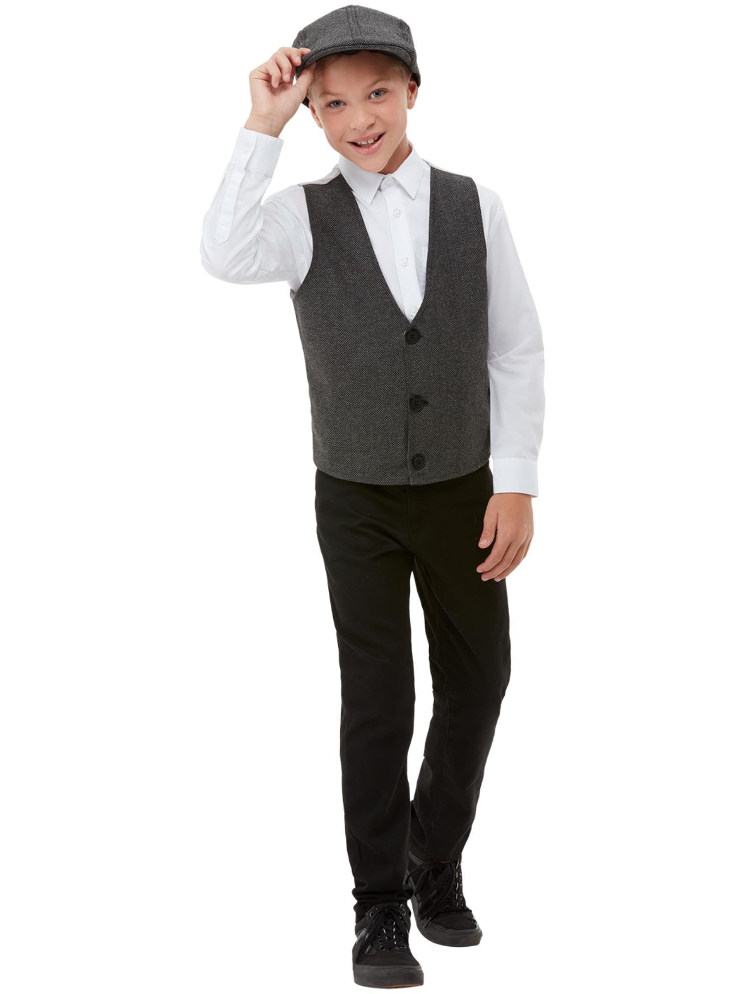 Smiffys 20s Gangster Boy Kit, Grey with Flat Cap & Waistcoat, Boys Fancy Dress, Gangster Dress Up Accessories