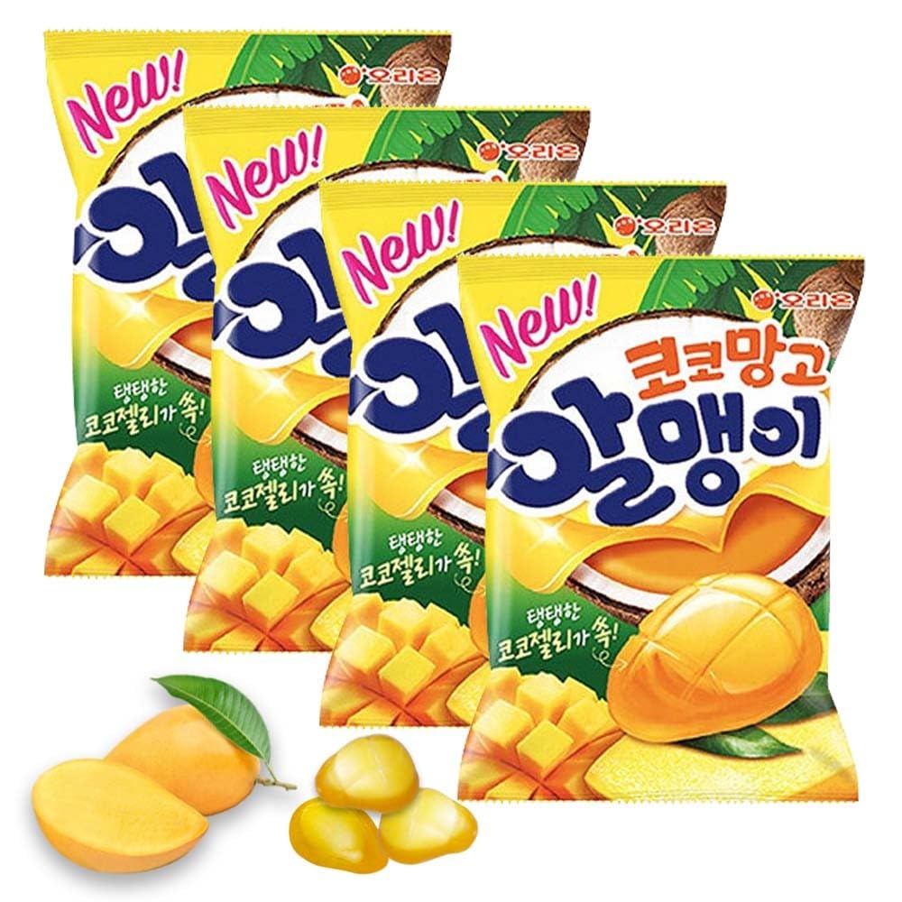 Korean Fruit Jelly Candy – Assorted Chewy Gummy Snacks – 5 Fruity Flavors (Grape, Plum, Lychee, Kiwi, Mango) – Individually Wrapped – Perfect for Kids & Adults – 알맹이젤리 (Mango–2.86oz(81g) × 4pack)