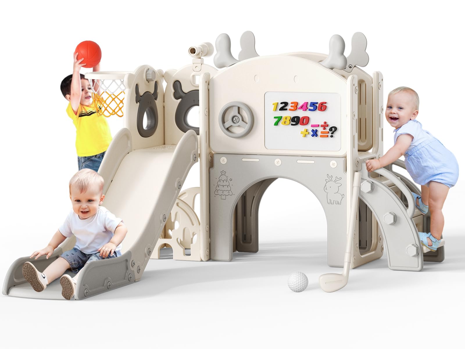 Scivolo di Natale a forma di alce,scivolo per bambini 10 in 1,con allacanestro,struttura,telescopio,spazio di archiviazione,golf,tavolo da disegno,scivolo extra lungo 1570 mm (beige-grigio)