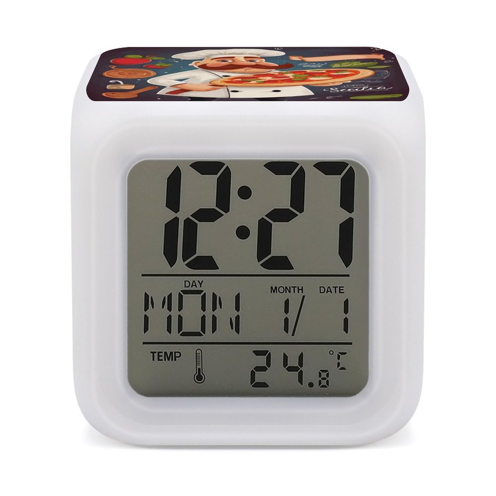 Reloj despertador de pizza multicolor con pantalla de temperatura y luz nocturna de 7 LED