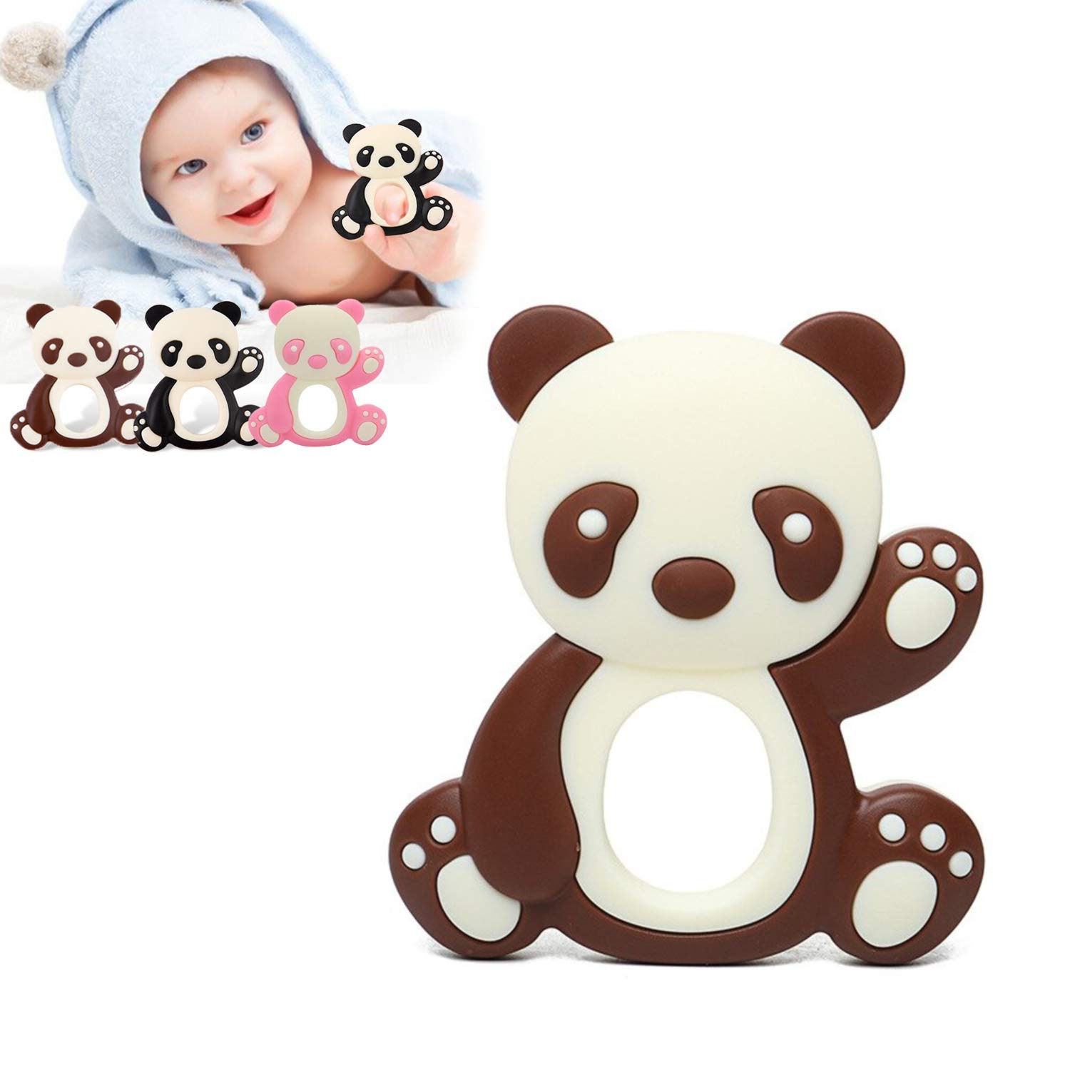 iSWEVEN Teethers for Babies | BPA Free Silicone Soft Baby Toys | Panda Shaped Baby Gum Molar Chew Toy Releive Long Tooth Pain | Toodle Teething Pacifier (3-12 Months, Brown)