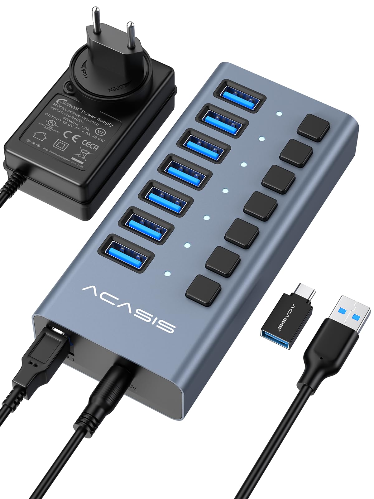 Hub USB 3.2 alimentato, hub USB 3.2 ACASIS a 7 porte con velocità di trasferimento dati di 10 Gbps, hub USB alimentato con adattatore di alimentazione da 24 W, hub USB per PC/laptop