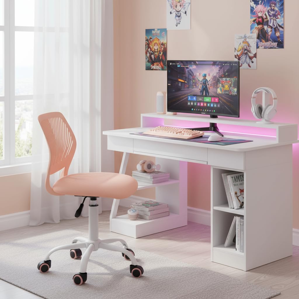 FurnitureR Chaise de Gaming Compacte, Dossier Creux en PP, Hauteur Réglable, Assise Ergonomique Pivotante en Mousse, Base en Fer à 5 roulettes, pour la Lecture, Le Dessin, Le Gaming, Candy Rose