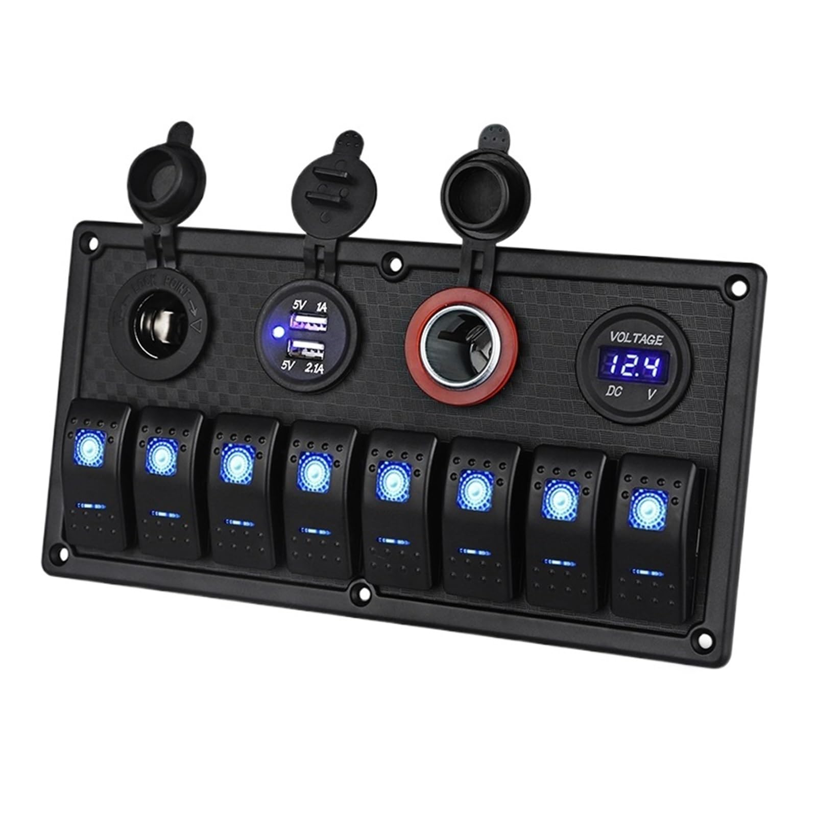 Boat Marine Switch Panel + USB Power Socket + Dual Cigarette Lighter + Voltmeter 8 Gang Car Rocker Switch Panel(Model 3 Blue)