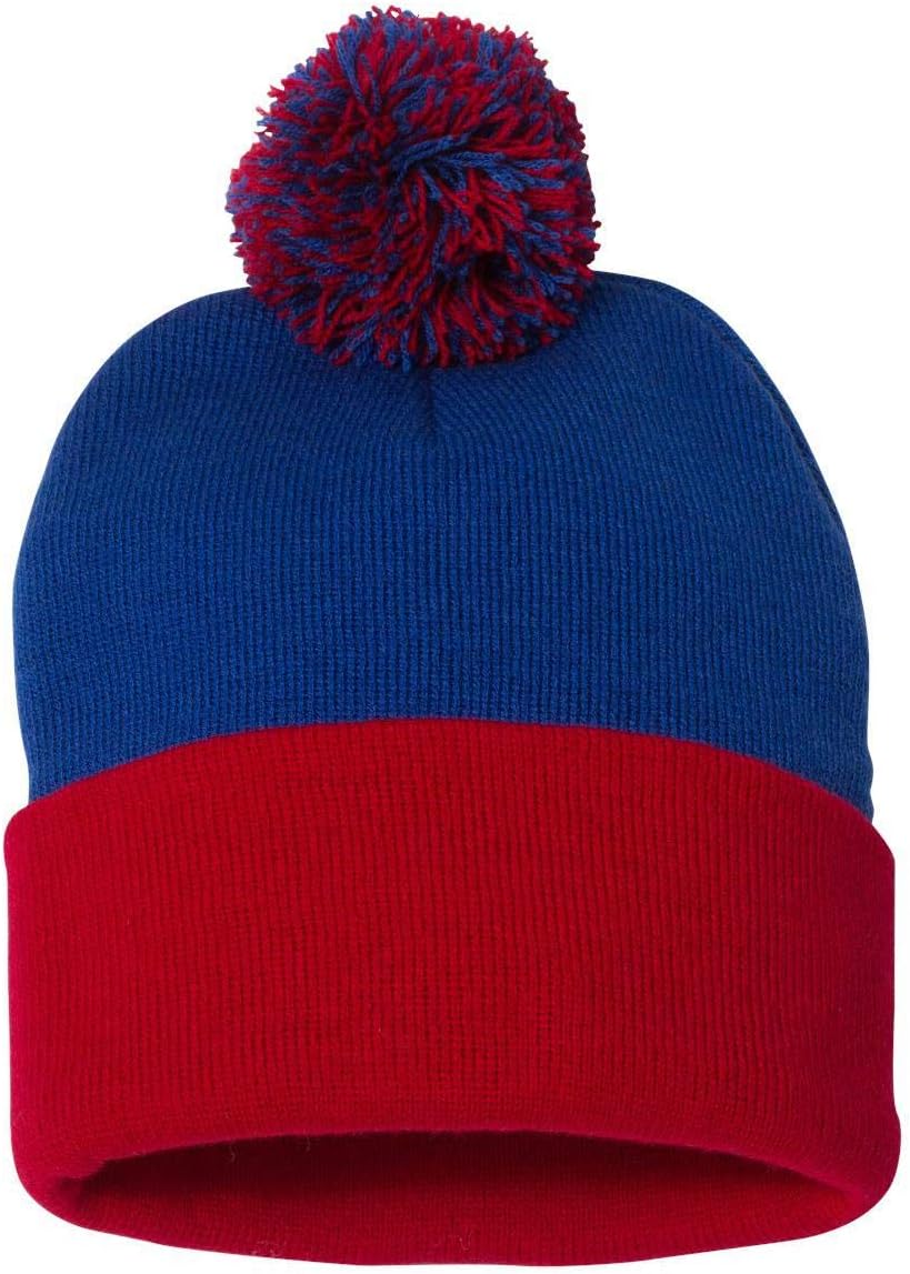 Sportsman Pom-Pom 12" Knit Beanie One Size Royal/Red - Image 2